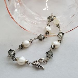 White Cultured Pearl and Gray Crystal "Tin Cup" Sterling Station Bracelet